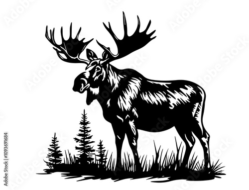 artistic depiction of moose with bold antlers, black and white linework
