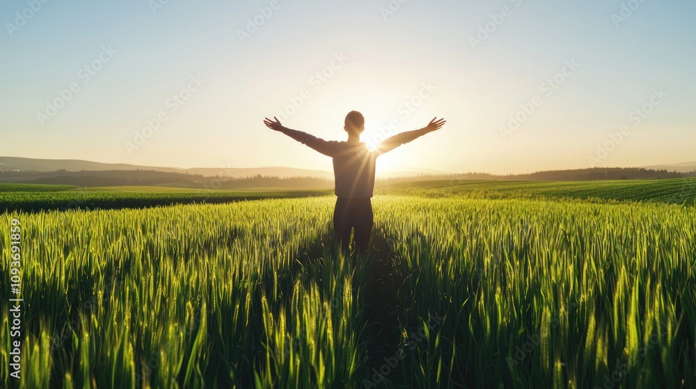 Silhouette of a Person with Arms Outstretched in a Field of Tall Grass at Sunset Silhouette of a Person with Arms Outstretched in a Field of Tall Grass at Sunset