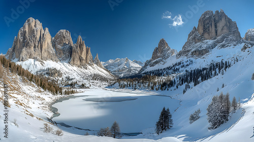 Wallpaper Mural A snowy alpine valley dotted with frozen lakes and surrounded by towering peaks under a clear blue sky. Torontodigital.ca