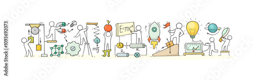 Science background with physics lab and scientists. Concept of school education, experiments, research with doodle people with magnet, laboratory equipment, vector hand drawn illustration