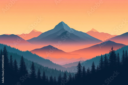 A serene mountain peak at sunset, surrounded by layers of hills and a silhouetted forest of pine trees, set against a gradient sky of warm orange hues.