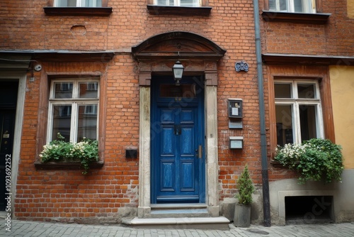 The long shot shows an antique blue European doorway against a brick red wall