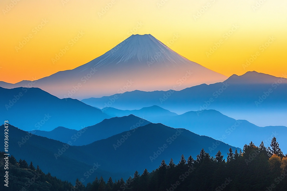 A serene landscape depicting a majestic mountain peak at sunset, encircled by layers of hills and silhouetted pine forests beneath a gradient sky of warm oranges. A serene landscape depicting a majestic mountain peak at sunset, encircled by layers of hills and silhouetted pine forests beneath a gradient sky of warm oranges.