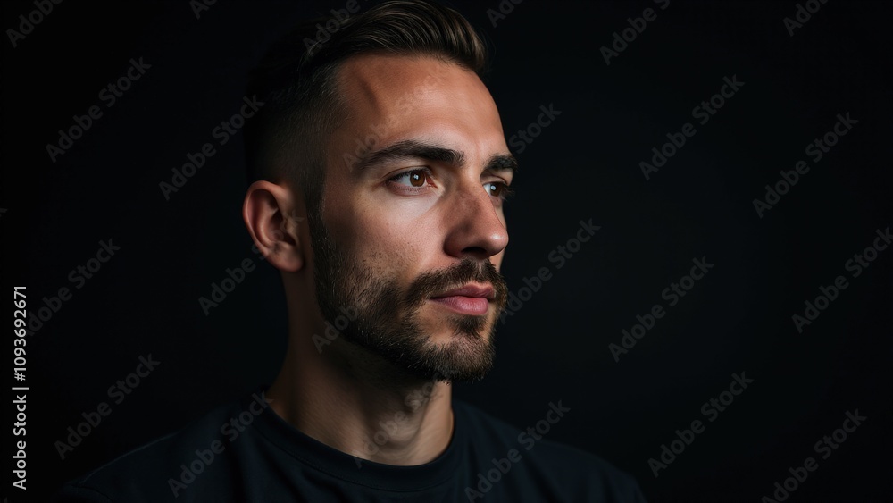 A man showcasing refined small beard styles in a close-up, illuminated with soft lighting to highlight his sharp details. A man showcasing refined small beard styles in a close-up, illuminated with soft lighting to highlight his sharp details.