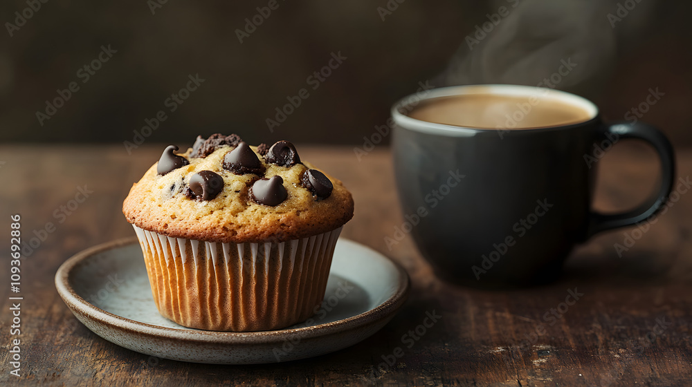 A soft chocolate chip muffin on a plate next to a steaming cup of coffee. A soft chocolate chip muffin on a plate next to a steaming cup of coffee.