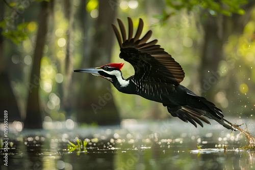 Ivory-billed Woodpecker in flight over a flooded forest, hyper-realistic, dramatic composition