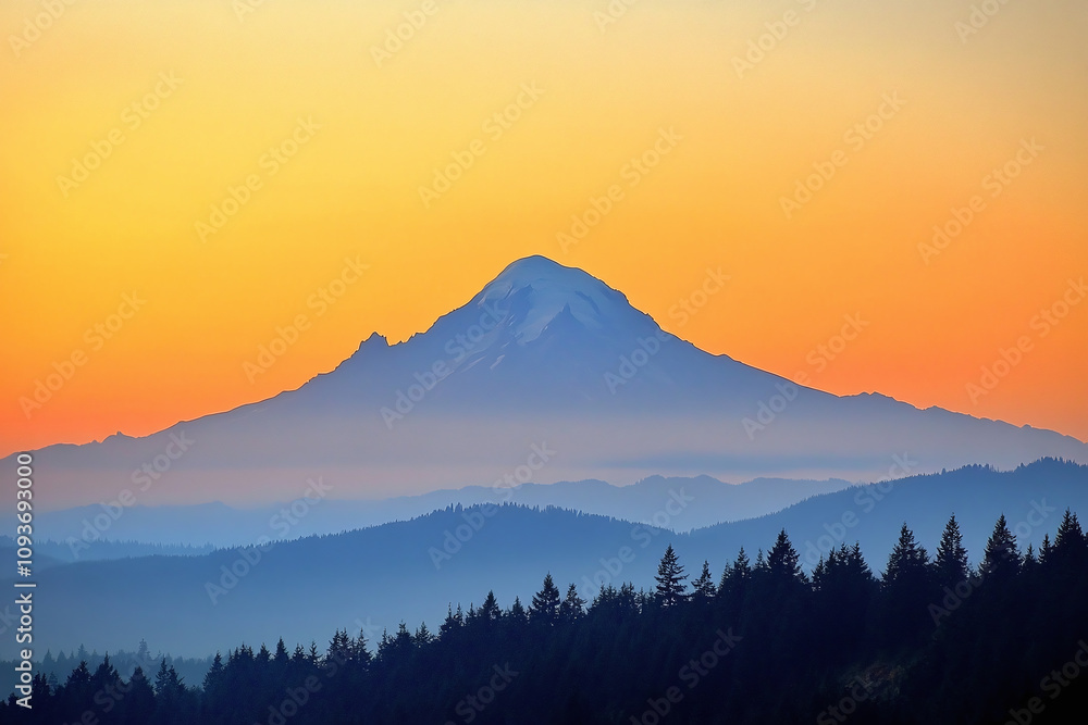 A serene mountain peak at sunset, surrounded by layers of hills and a silhouetted forest of pine trees, set against a gradient sky of warm orange hues. A serene mountain peak at sunset, surrounded by layers of hills and a silhouetted forest of pine trees, set against a gradient sky of warm orange hues.