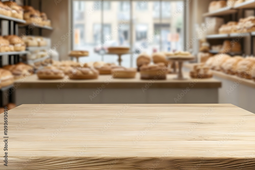 Blurred background of a bakery with a focus on an empty wooden table, ready to display fresh bread, pastries, or desserts, evoking a warm and inviting atmosphere Blurred background of a bakery with a focus on an empty wooden table, ready to display fresh bread, pastries, or desserts, evoking a warm and inviting atmosphere