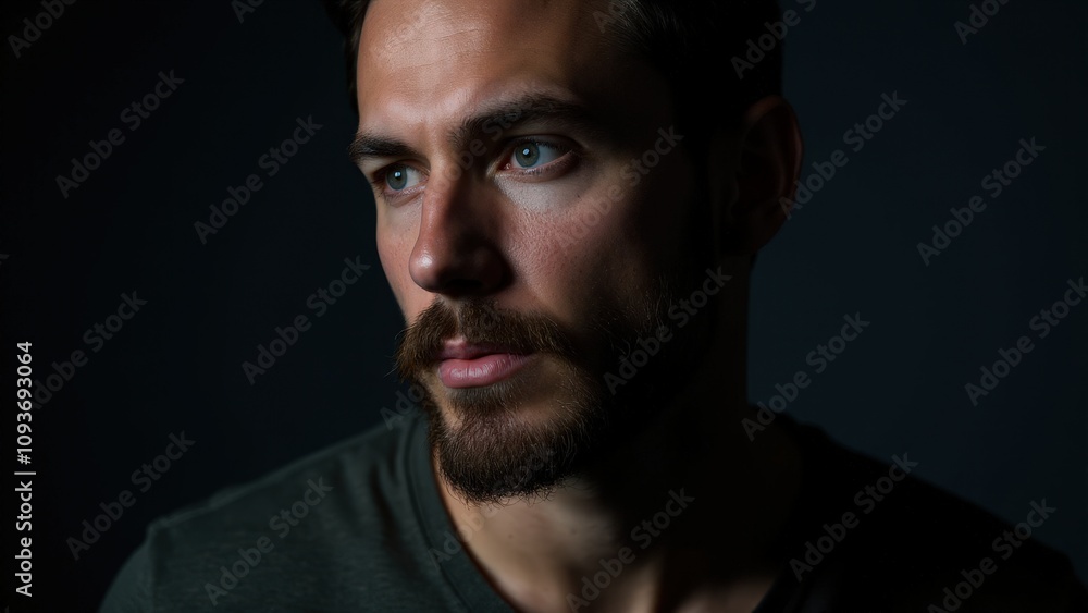 A man in dramatic lighting with neatly trimmed small beard styles, emphasizing his sharp features and minimalist look. A man in dramatic lighting with neatly trimmed small beard styles, emphasizing his sharp features and minimalist look.