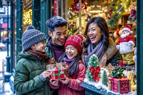 A family opening a Christmas gift in front of a store window