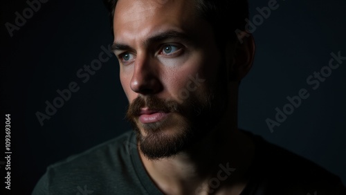 A man in dramatic lighting with neatly trimmed small beard styles, emphasizing his sharp features and minimalist look.