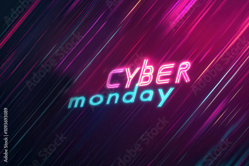 Cyber Monday banner with bright neon text on a dark minimalist background, perfect for sales promotions.. photo