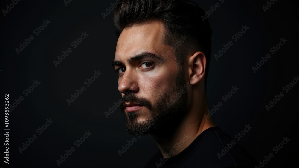 A man with neat small beard styles, illuminated in soft lighting that highlights the facial details and contours. A man with neat small beard styles, illuminated in soft lighting that highlights the facial details and contours.