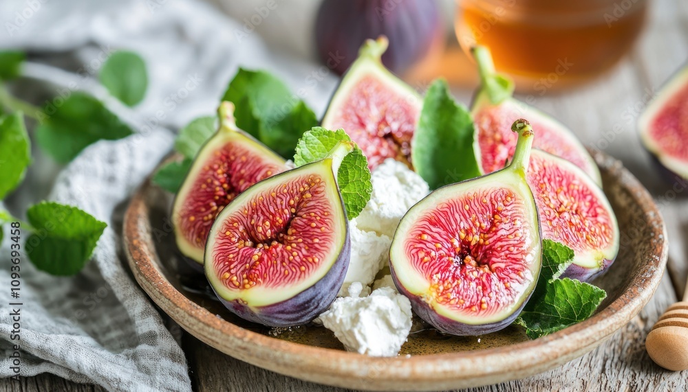 Sliced Figs with Cream Cheese and Mint in Rustic Bowl Sliced Figs with Cream Cheese and Mint in Rustic Bowl