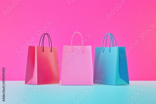 Variety of paper shopping bags displayed on a bright pink background, shopping concept..