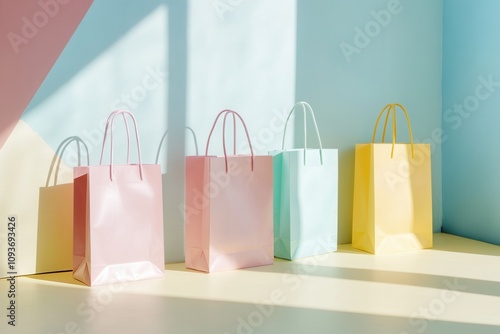 Variety of pastel paper shopping bags displayed on a muted pink and blue background, shopping concept.. photo