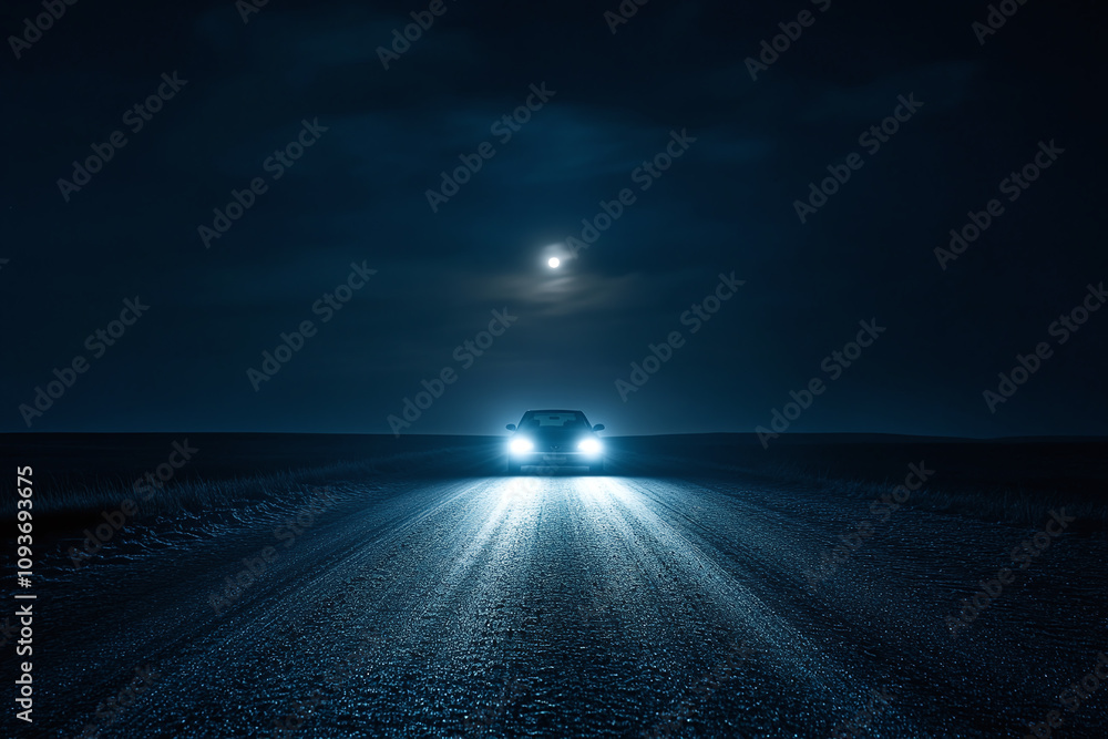 A solitary car's headlights piercing the darkness of a moonlit night, casting a warm glow. A solitary car's headlights piercing the darkness of a moonlit night, casting a warm glow.