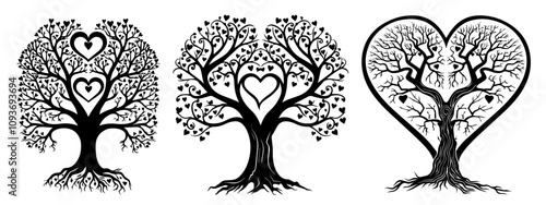 set of heart-shaped tree illustrations with roots – black vector