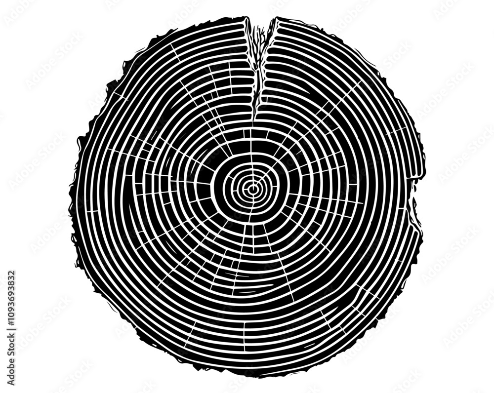 Fototapeta premium Wood log slice design with tree growth rings – black vector style