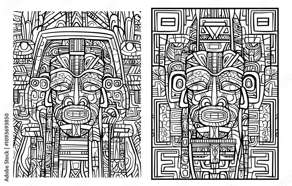 Obraz premium intricate black and white tribal mask illustrations with geometric patterns