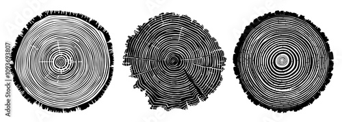 Wood log slice design with tree growth rings – black vector style