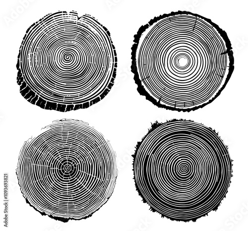 Wood log slice design with tree growth rings – black vector style