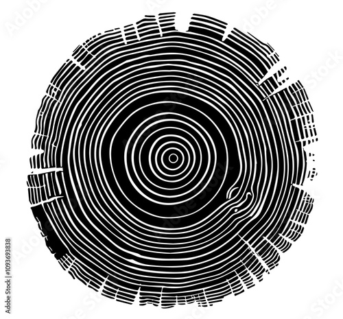 Wood log slice design with tree growth rings – black vector style