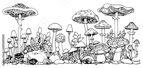 artistic sketch of mushroom forest with playful details – black vector