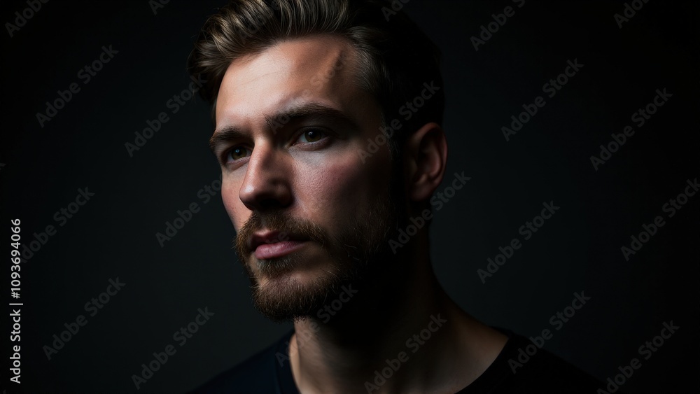 A man with bold small beard styles, captured in soft lighting to bring attention to his sharp facial features. A man with bold small beard styles, captured in soft lighting to bring attention to his sharp facial features.