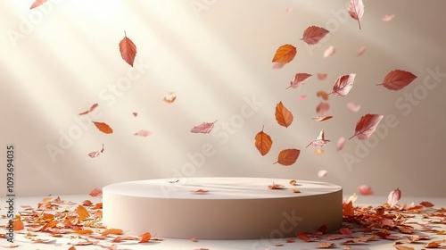 Autumn leaves swirl around a round beige podium in a minimalistic setting ideal for product display mockup, mock up, template, empty, for text, place, copyspace, copy space
