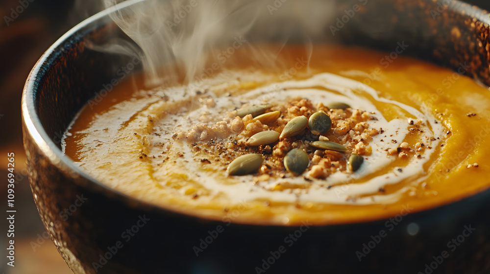 A steaming bowl of creamy pumpkin soup garnished with seeds and a swirl of cream. A steaming bowl of creamy pumpkin soup garnished with seeds and a swirl of cream.
