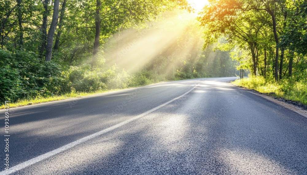 Obraz premium Sunbeams Illuminating a Winding Road Through a Forest