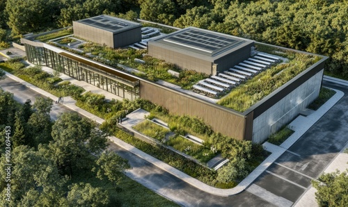 Aerial view of a modern rooftop featuring green spaces, HVAC units, and landscaped areas, showcasing urban sustainability and design