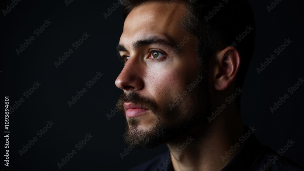 A well-lit portrait of a man showcasing small beard styles, with dramatic lighting that enhances his sharp features. A well-lit portrait of a man showcasing small beard styles, with dramatic lighting that enhances his sharp features.