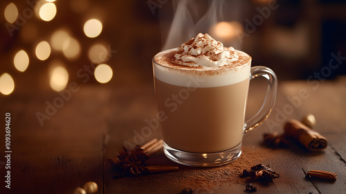 A steaming chai latte in a glass mug with cinnamon dusted foam. photo