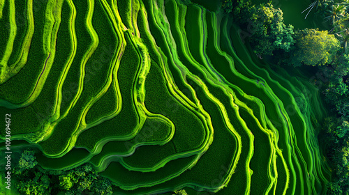 lush green rice terraces in bali captured by fpv drone, under a bright blue sky, aerial view highlighted by white, minimalism, png