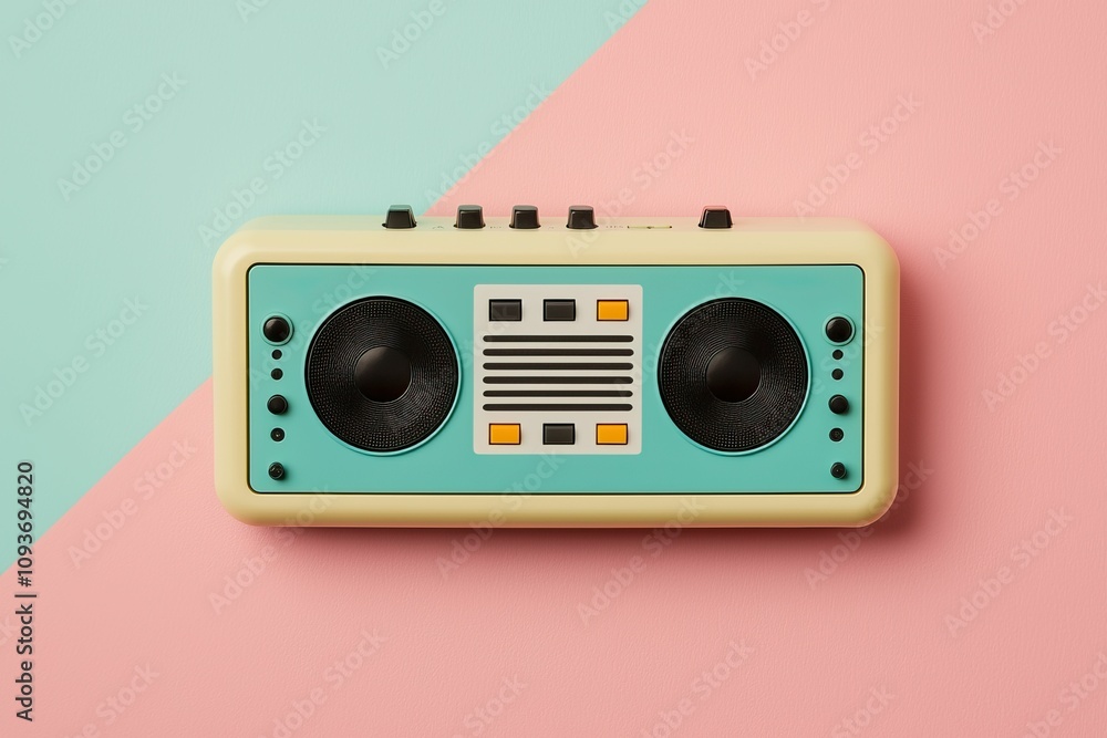 music player audio and interactive concept, A retro-style portable boombox in pastel colors, featuring two large speakers and control buttons, set against a split pink and blue background. music player audio and interactive concept, A retro-style portable boombox in pastel colors, featuring two large speakers and control buttons, set against a split pink and blue background.