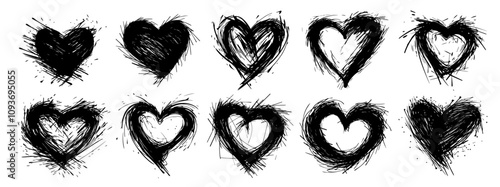 Abstract grunge heart shapes – creative hand-drawn collection black vector