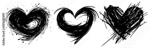 Abstract grunge heart illustrations in artistic sketch style – black vector set
