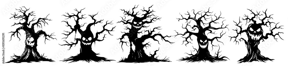 Haunted tree illustrations – twisted branches and glowing faces vector set Haunted tree illustrations – twisted branches and glowing faces vector set