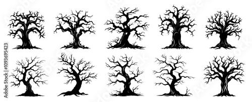 creepy bare tree designs for halloween illustrations – black vector