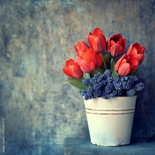 Tulips and muscaries in bucket photo