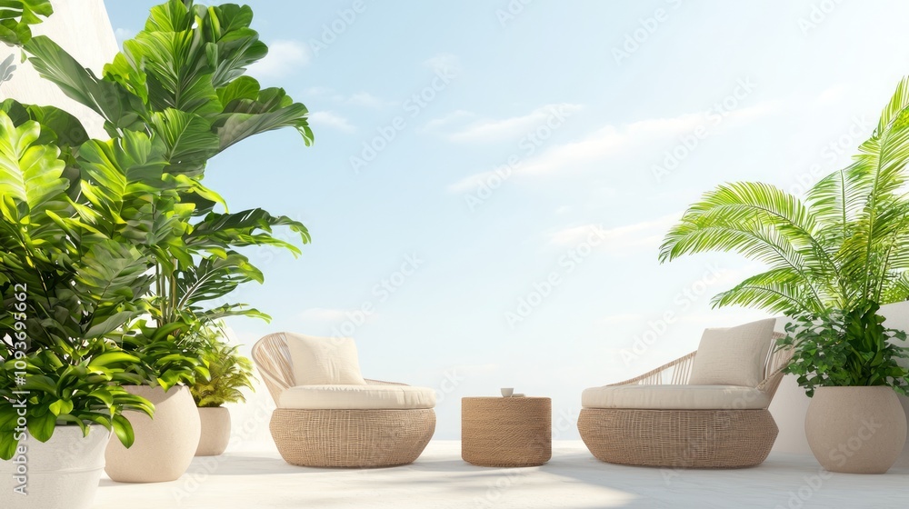 Modern-Tribal Urban Balcony Oasis with Cozy Seating and Vibrant Textiles | 3D Render Illustration Modern-Tribal Urban Balcony Oasis with Cozy Seating and Vibrant Textiles | 3D Render Illustration