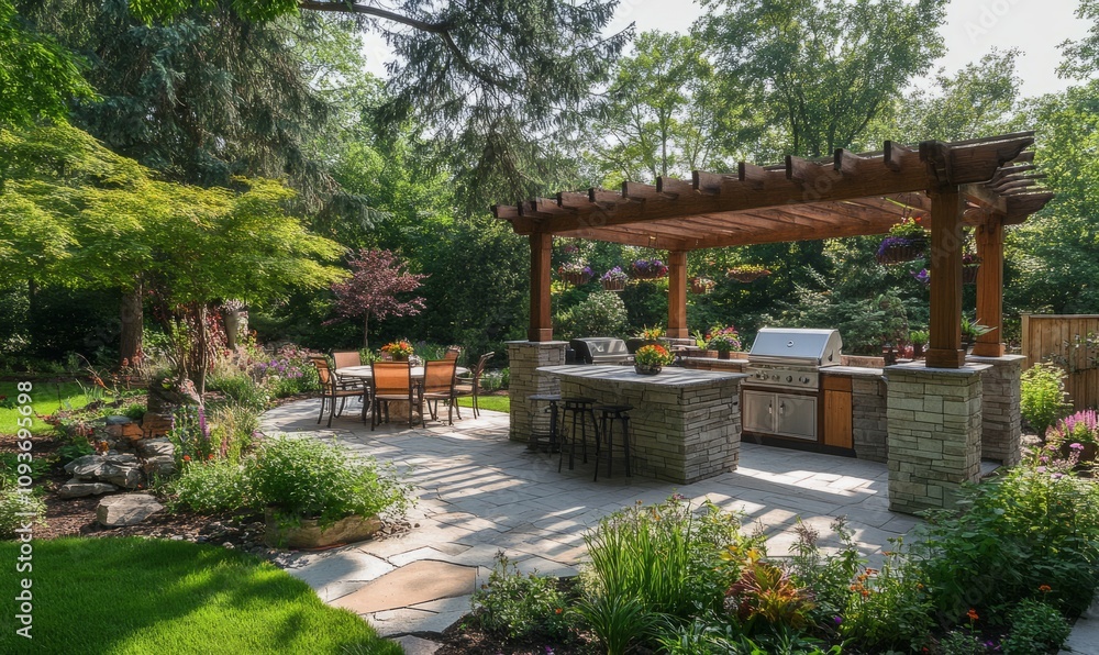Naklejka premium Backyard landscape design with outdoor living feature like an outdoor kitchen