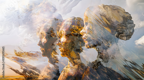 A surreal digital artwork featuring distorted human figures and vivid dreamscapes. photo