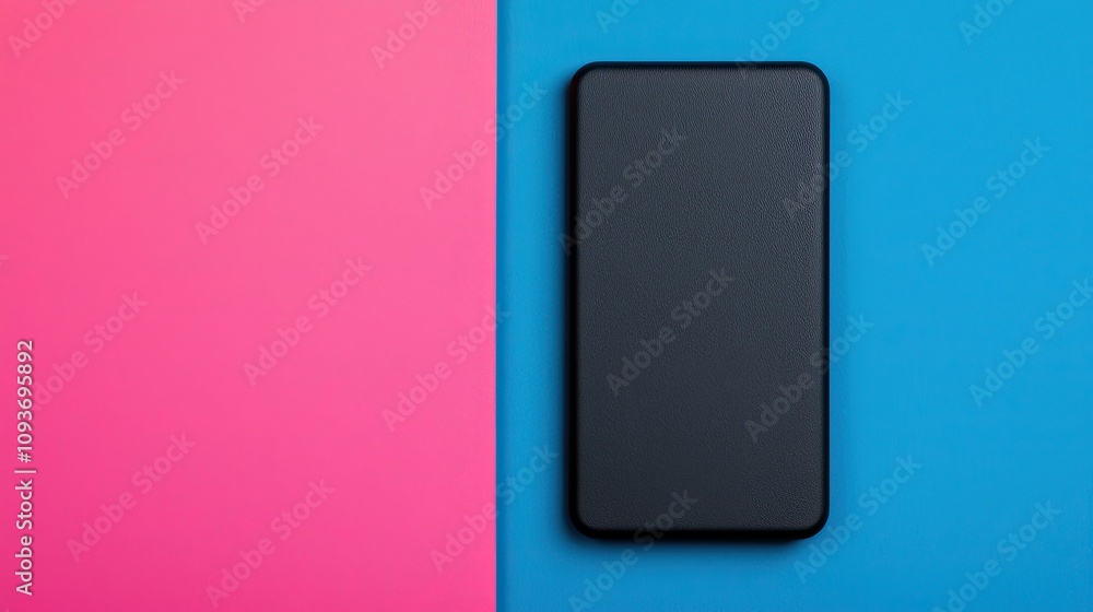 music player audio and interactive concept, A sleek black smartphone lies centered against a vibrant blue and pink background, creating a striking visual contrast. music player audio and interactive concept, A sleek black smartphone lies centered against a vibrant blue and pink background, creating a striking visual contrast.