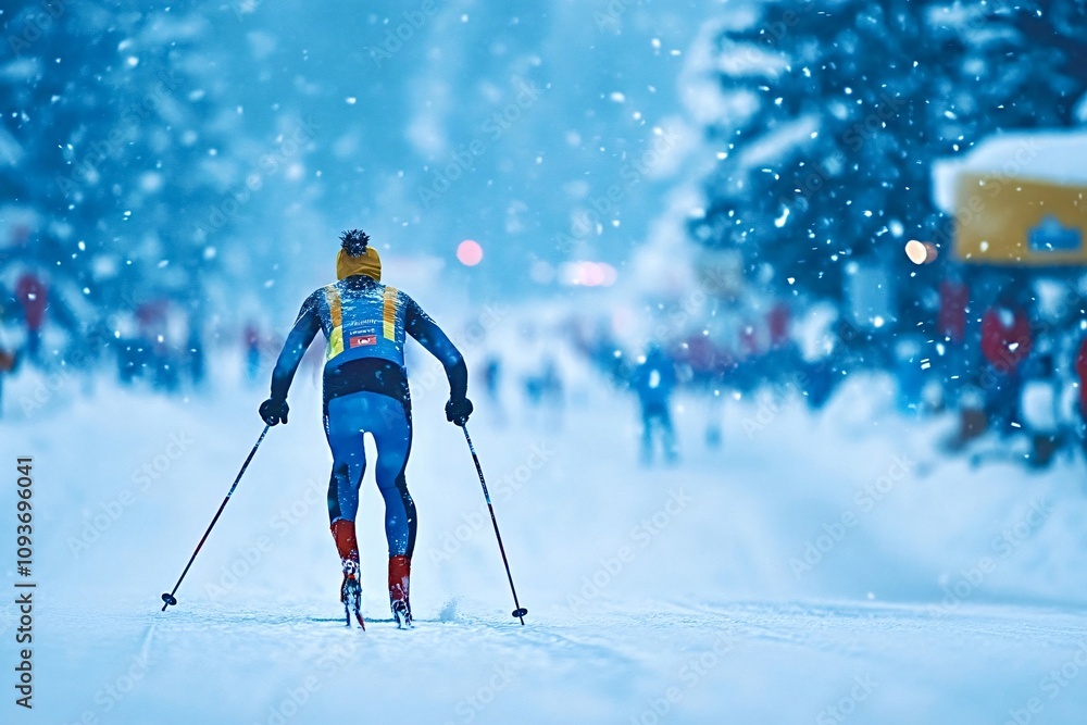 Professional skier competing in a cross-country skiing race pushing through snowy conditions with blurred spectators in background Professional skier competing in a cross-country skiing race pushing through snowy conditions with blurred spectators in background