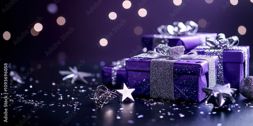 A festive arrangement of purple gift boxes with silver ribbons A festive arrangement of purple gift boxes with silver ribbons