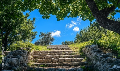 Ancient stone steps lead through a sunny clearing, framed by green trees and a bright blue sky
