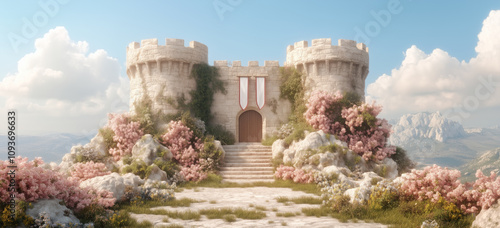 Medieval castle with blossoms and towers against a cloudy sky